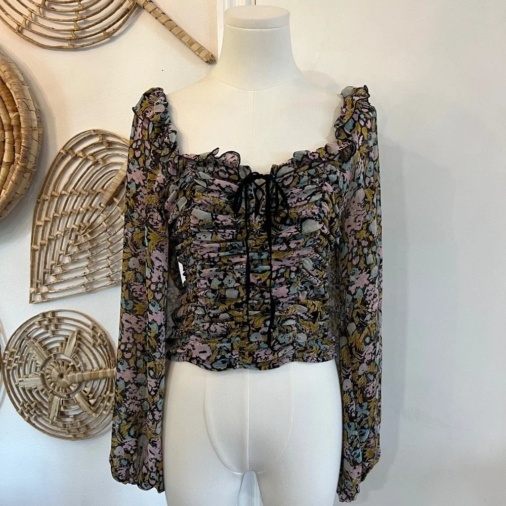 Free People Multicolor Floral Mable Ruched Smocked Blouse Boho Ballon Sleeves XS